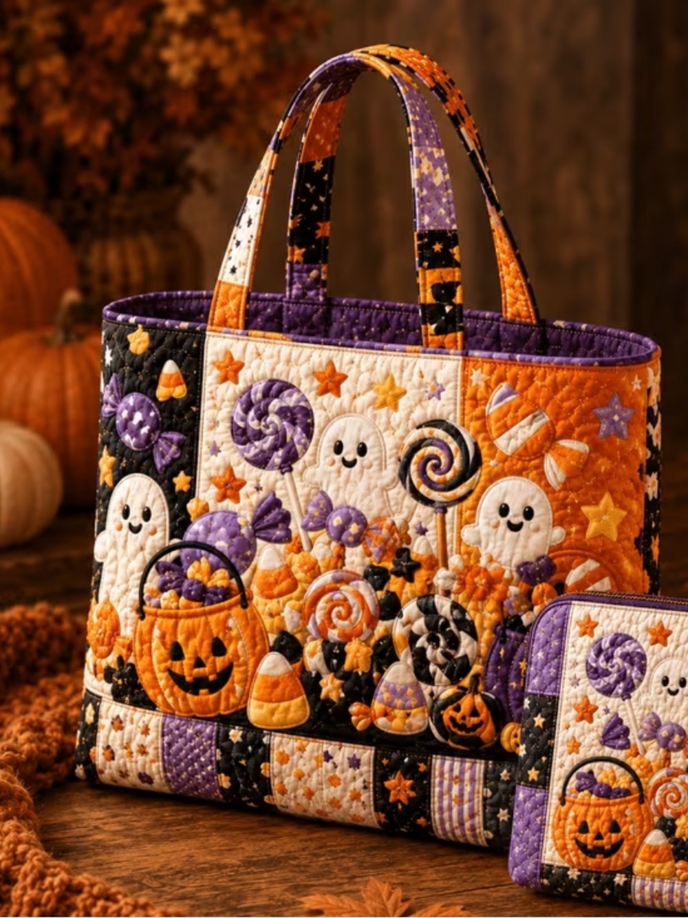 Quilted Halloween Tote & Cosmetic Bag in Halloween Colors | Orange & Purple